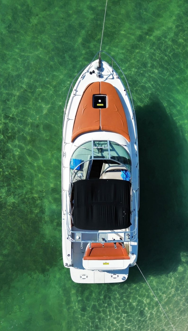 Straight down over the coral bow sunpad and the open cockpit