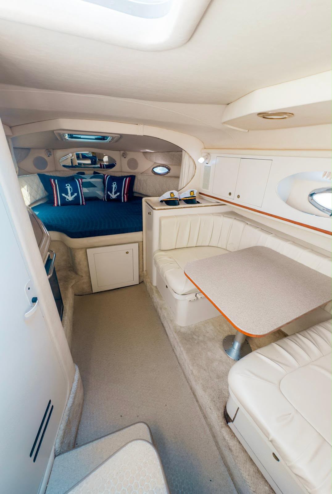 The cabin below, with the V-berth and dinette