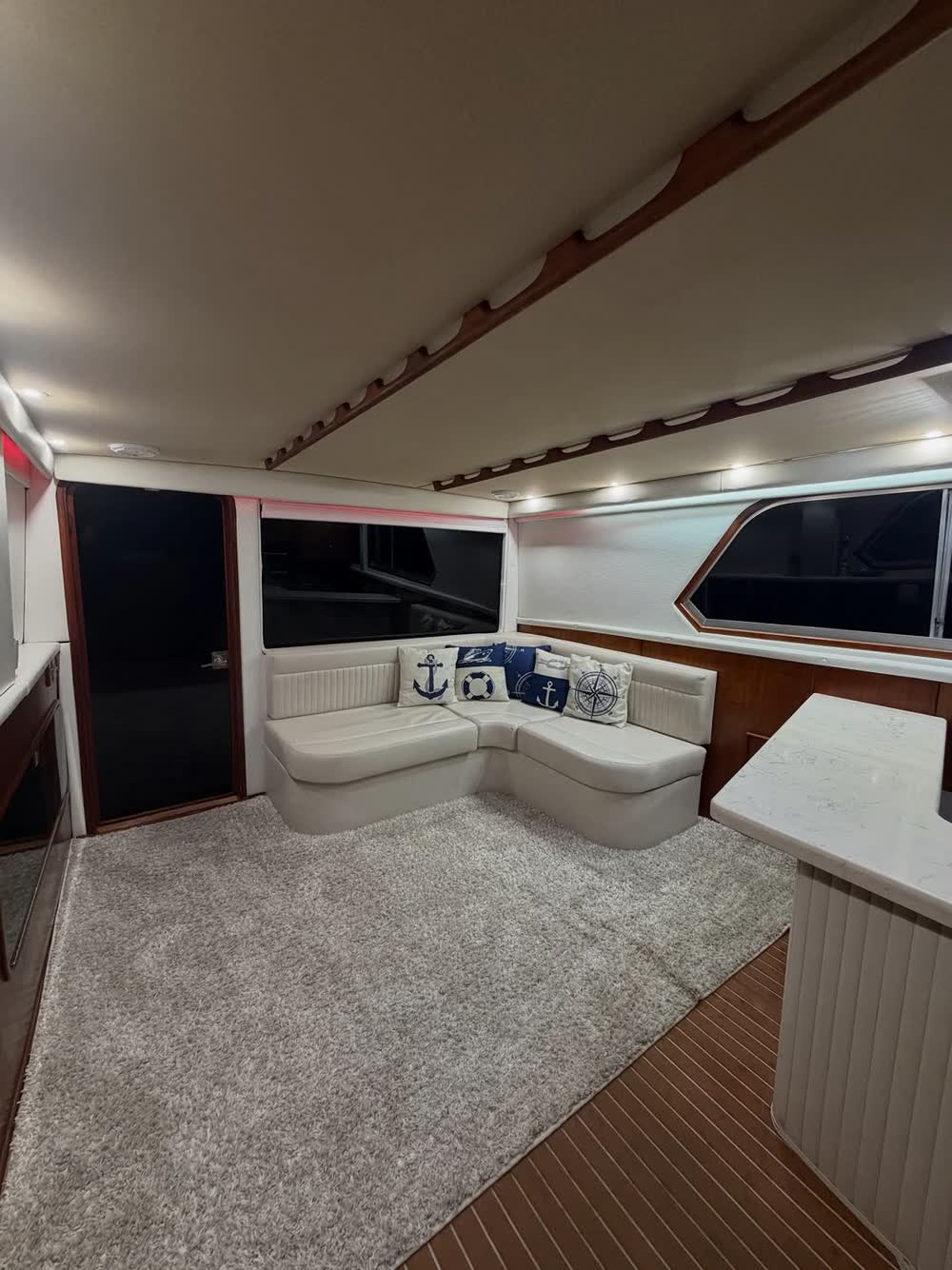 Bow cushions laid out forward of the helm
